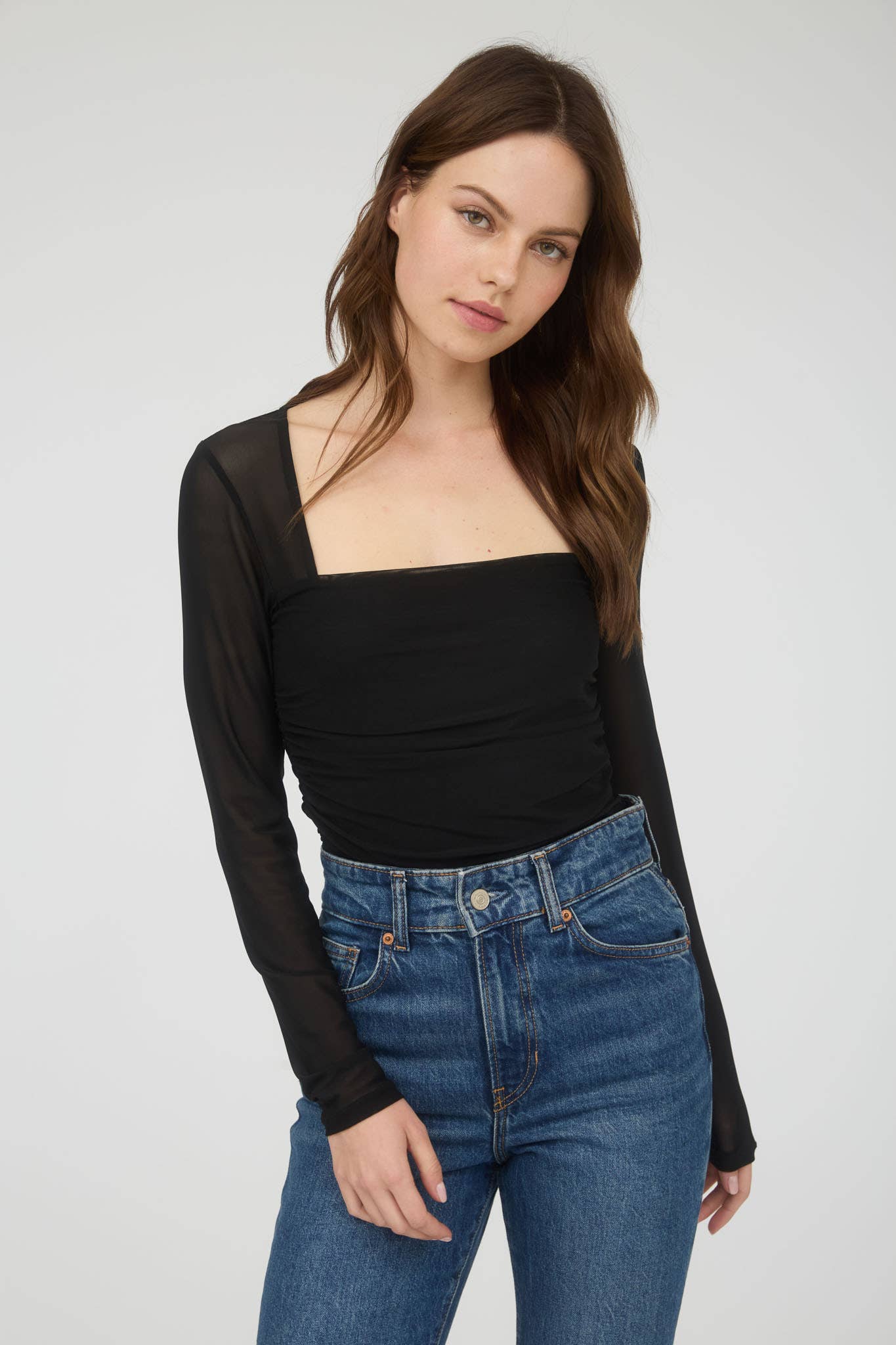 Square Neck Long Sleeve Ruched Waist Top