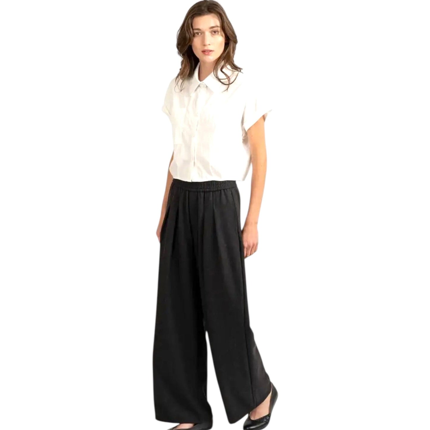 Elastic Band Pleated Wide Leg Trousers