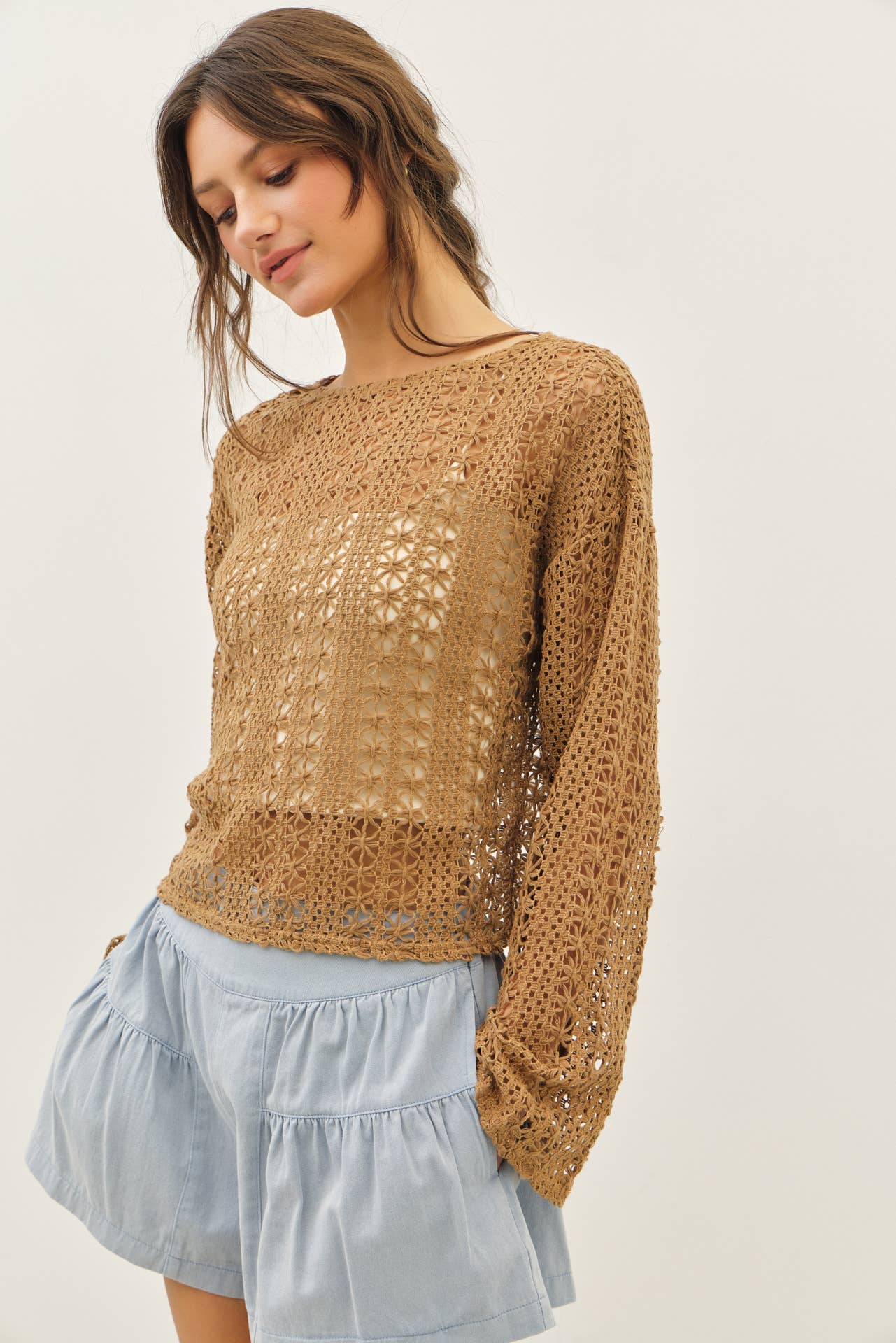 Crochet Floral Top with Bell Sleeves in Cocoa