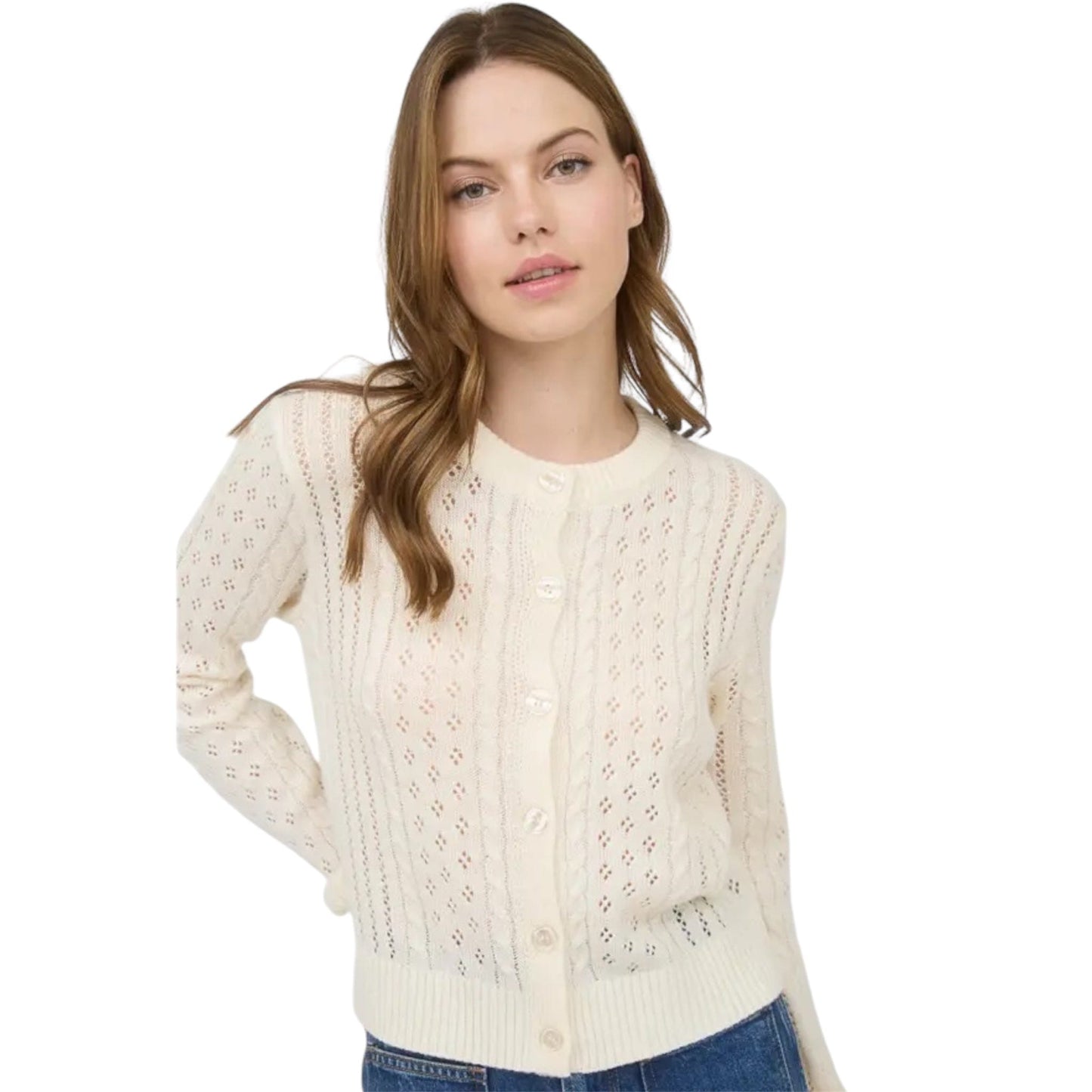 Pointelle Cable Knit Cardigan in Cream