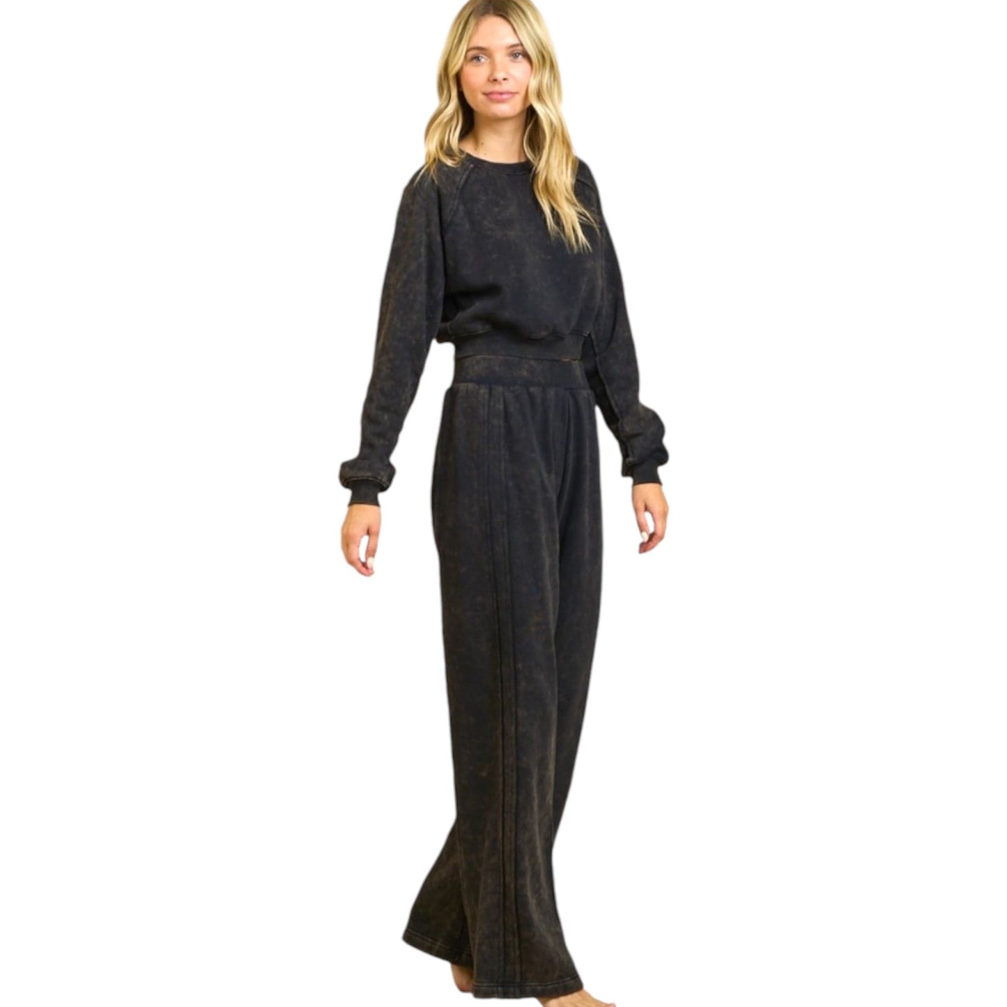 Black Washed Sweatshirt and Wide Leg Pants Set