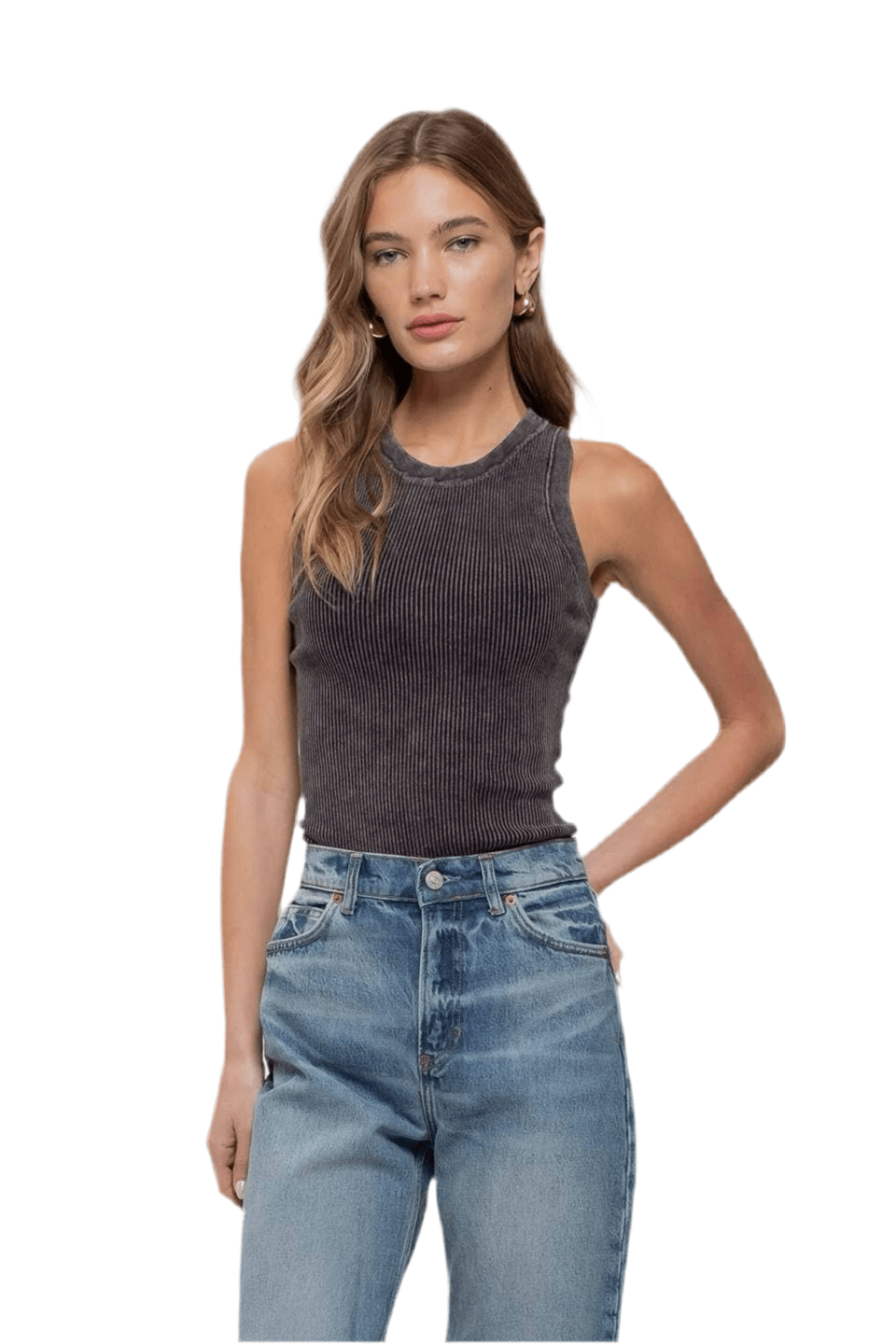 WASHED ROUND NECK SWEATER KNIT TANK TOP: CHARCOAL