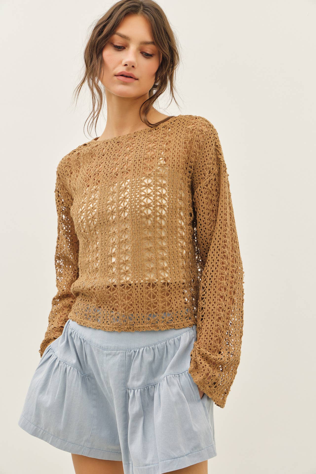 Crochet Floral Top with Bell Sleeves in Cocoa
