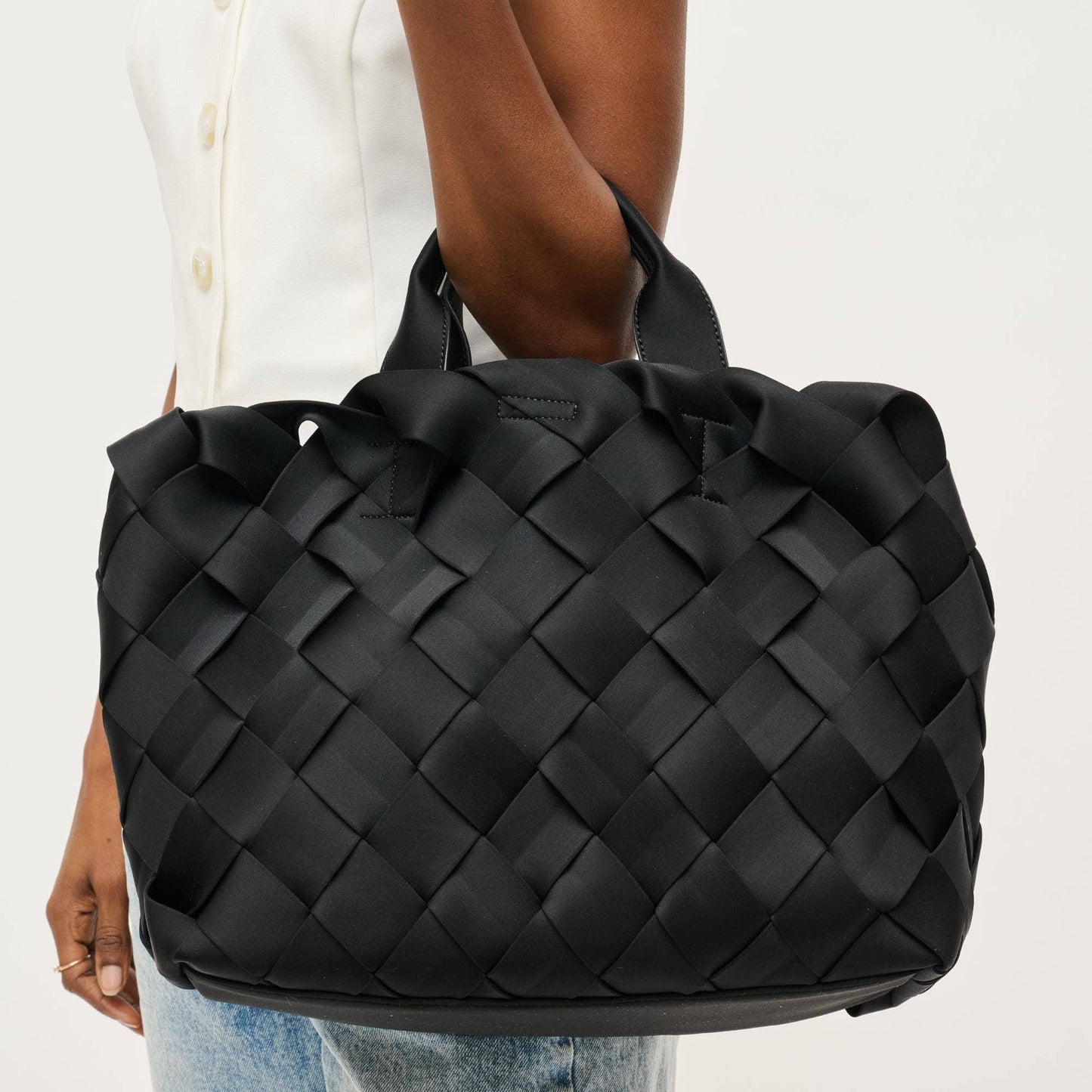 Black Woven Neoprene Crossbody Tote