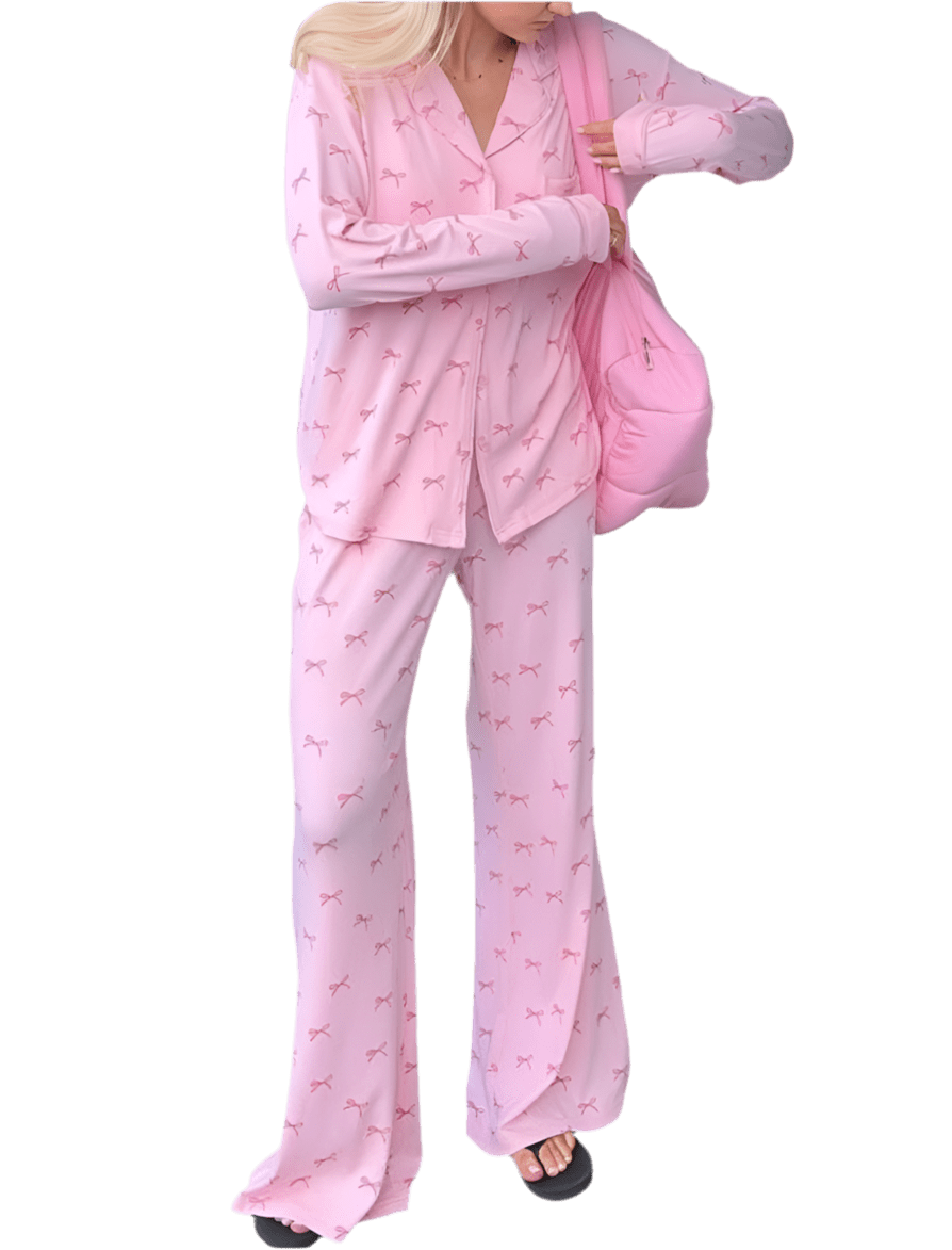 Pink Satin Nutcracker & Bow Print Pajama Set