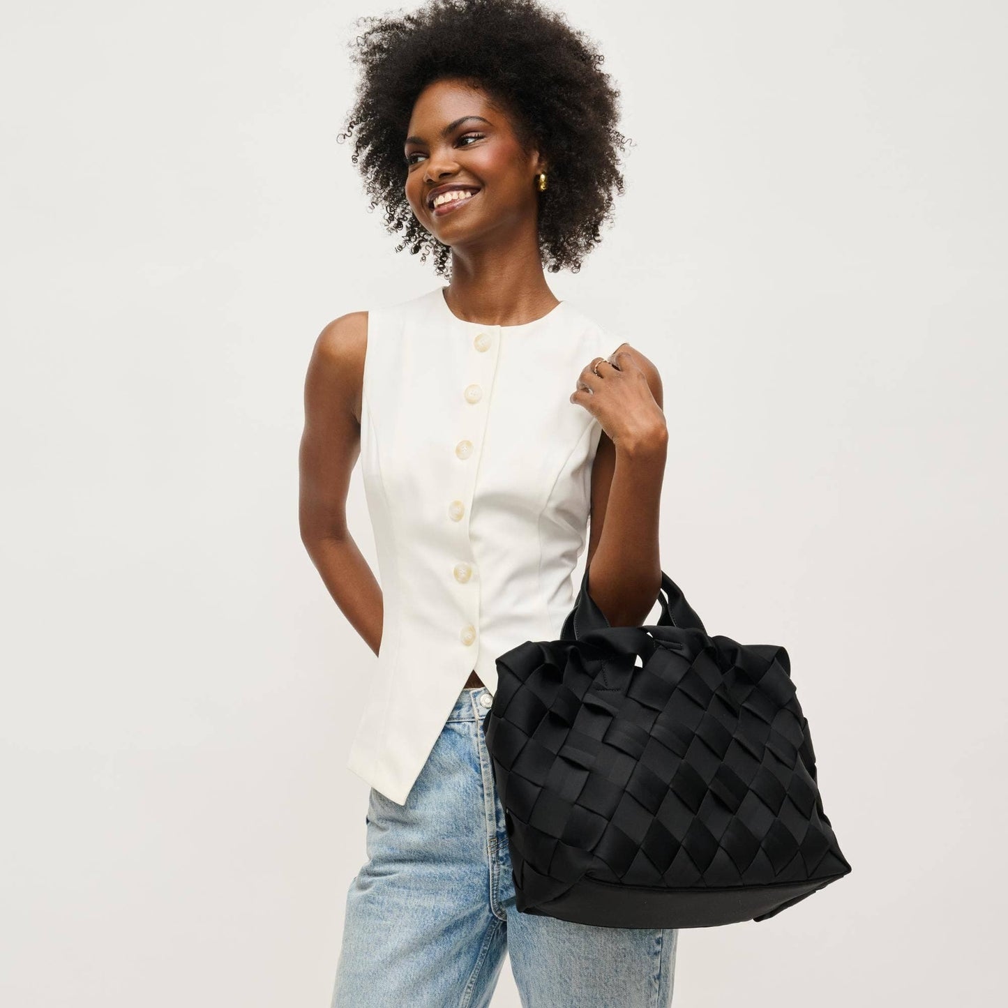 Black Woven Neoprene Crossbody Tote