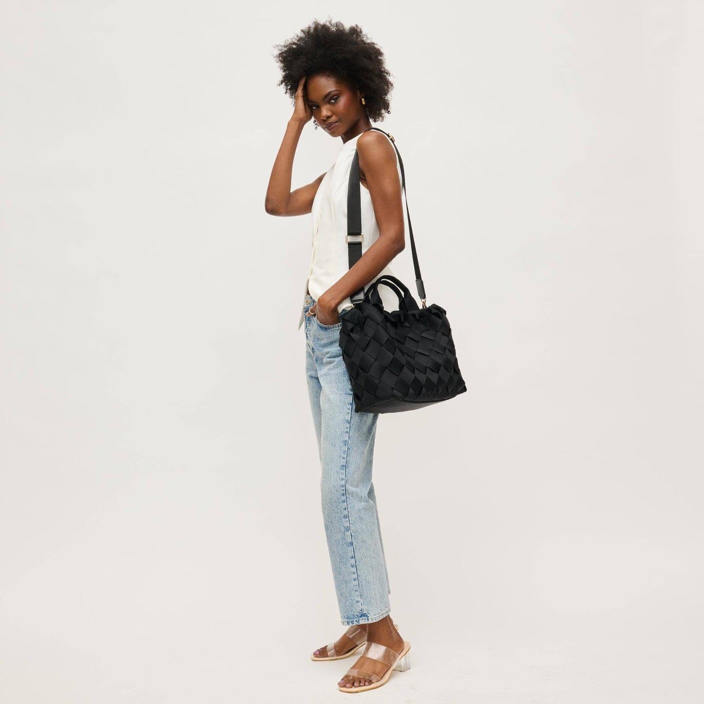 Black Woven Neoprene Crossbody Tote