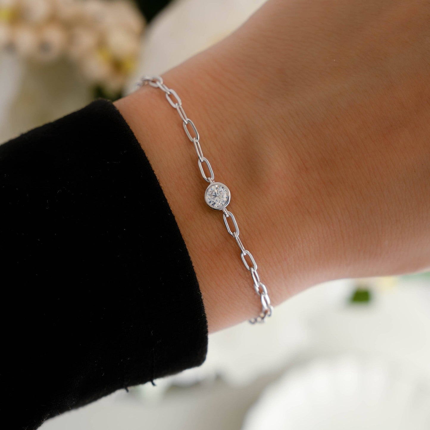 Bezel Charm Paperclip Bracelet in Gold and Silver