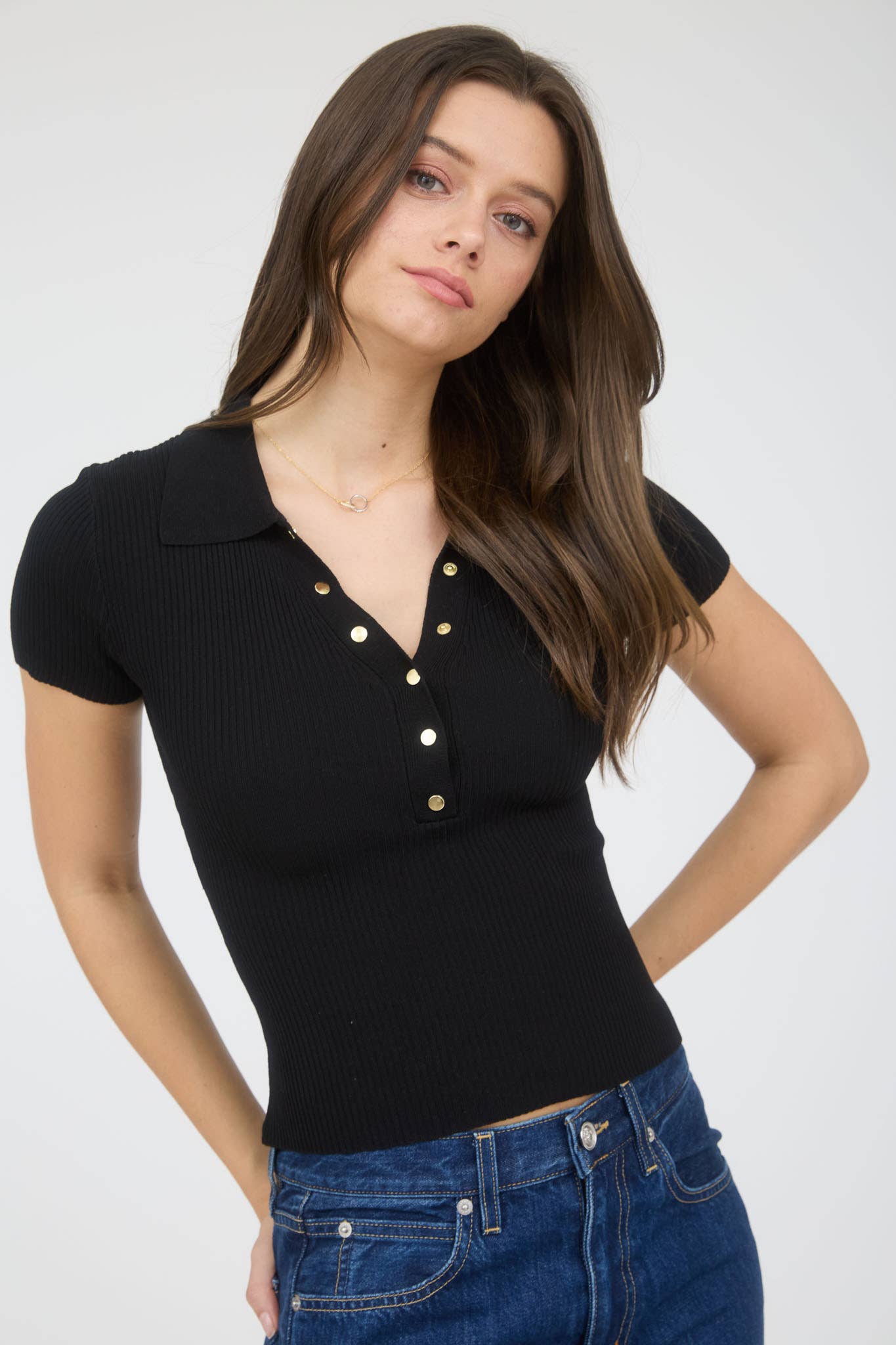 Black Short Sleeve Knit Top with Gold Buttons