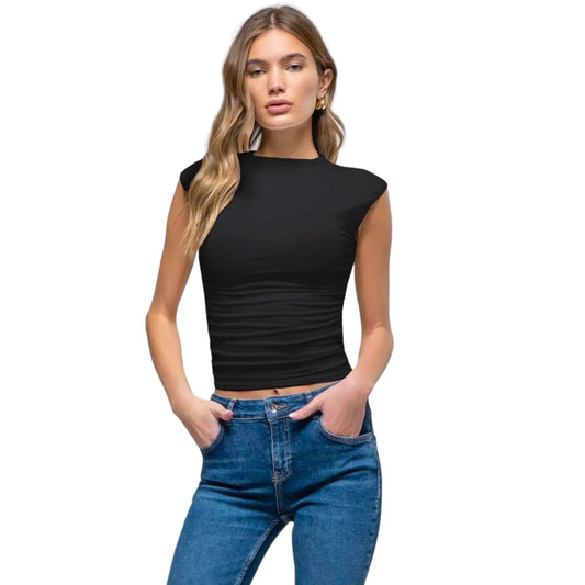 Black funnel Neck side ruched Sleeveless top