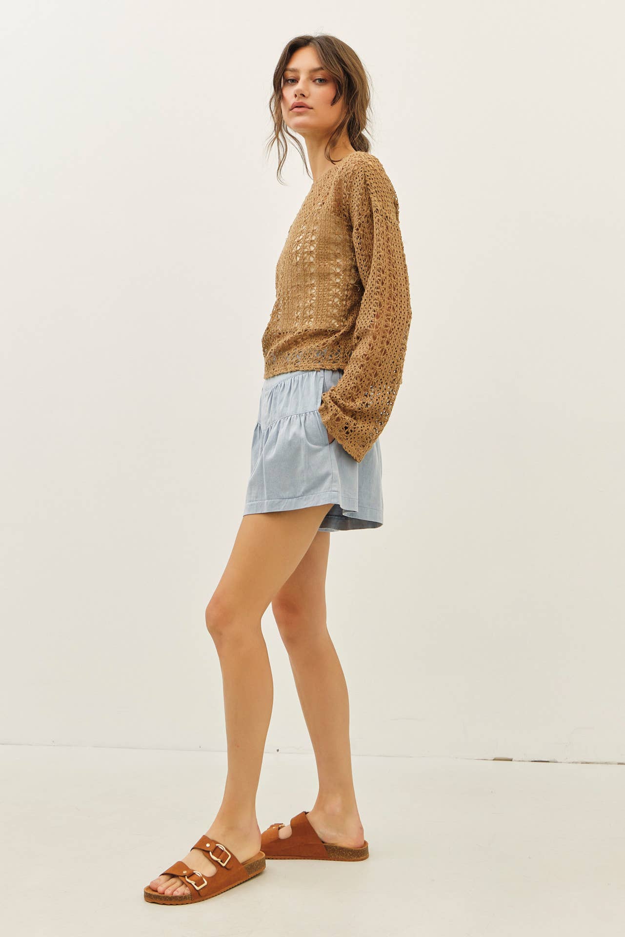 Crochet Floral Top with Bell Sleeves in Cocoa