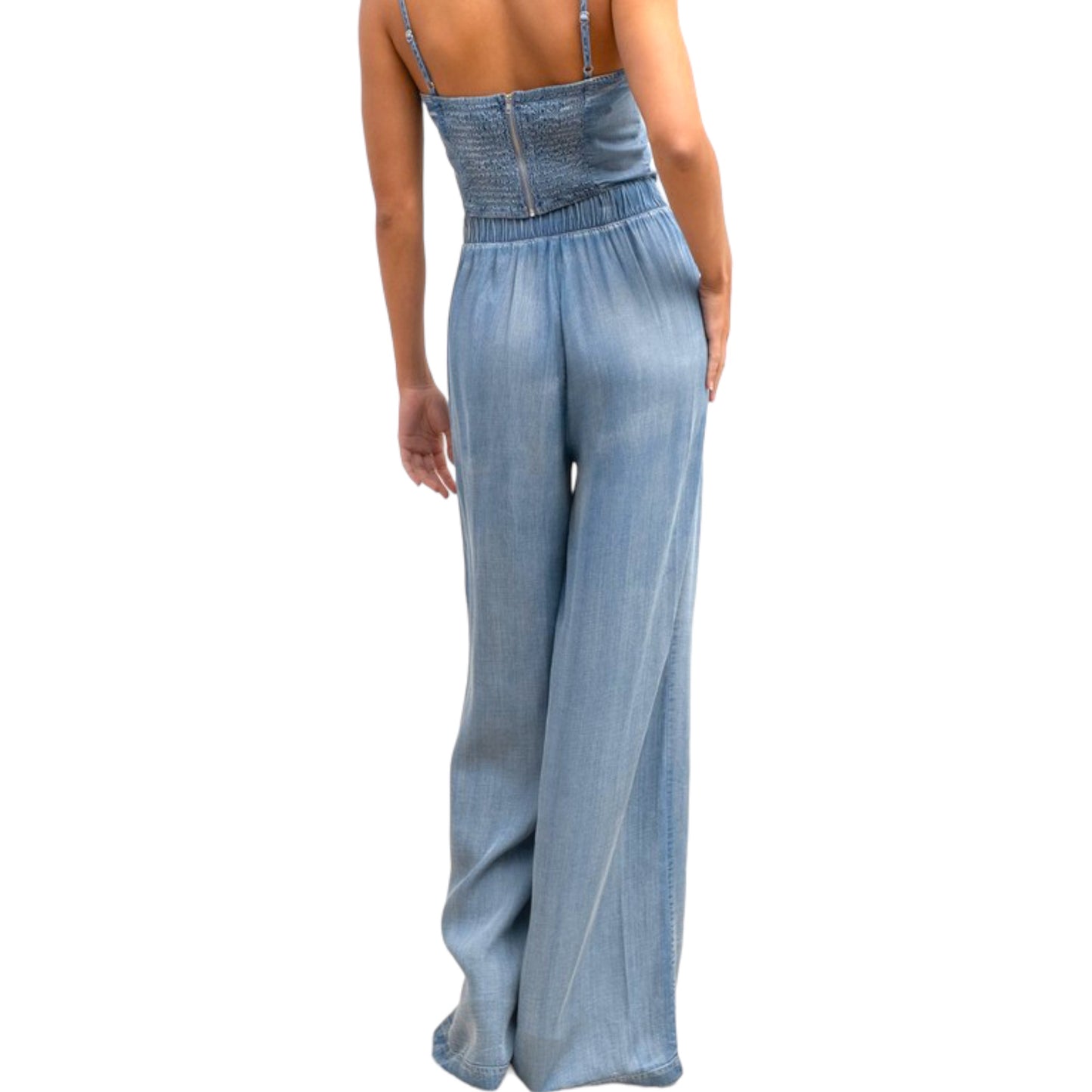 Washed Pleated High Waist Wide Leg Chambray Pants