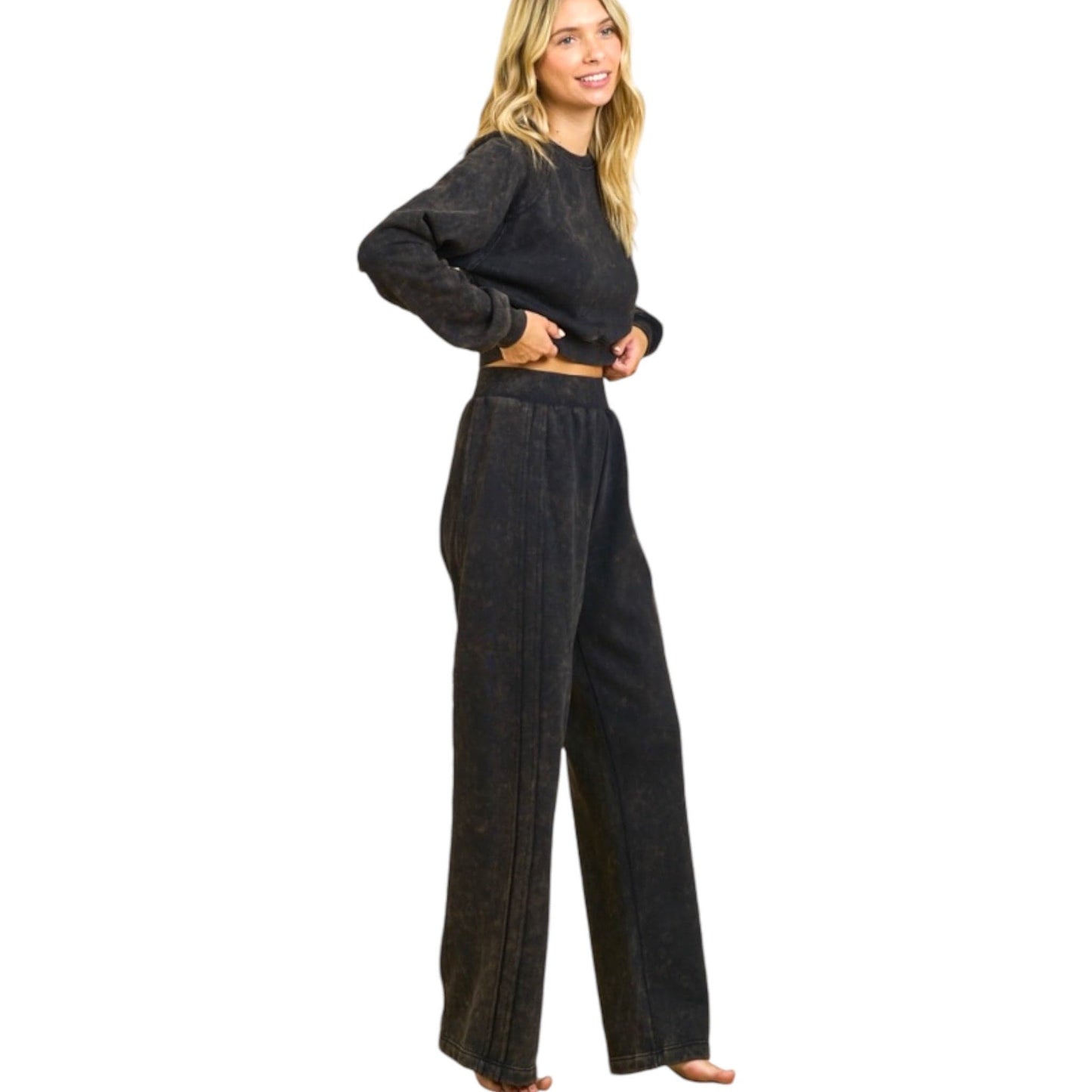 Black Washed Sweatshirt and Wide Leg Pants Set