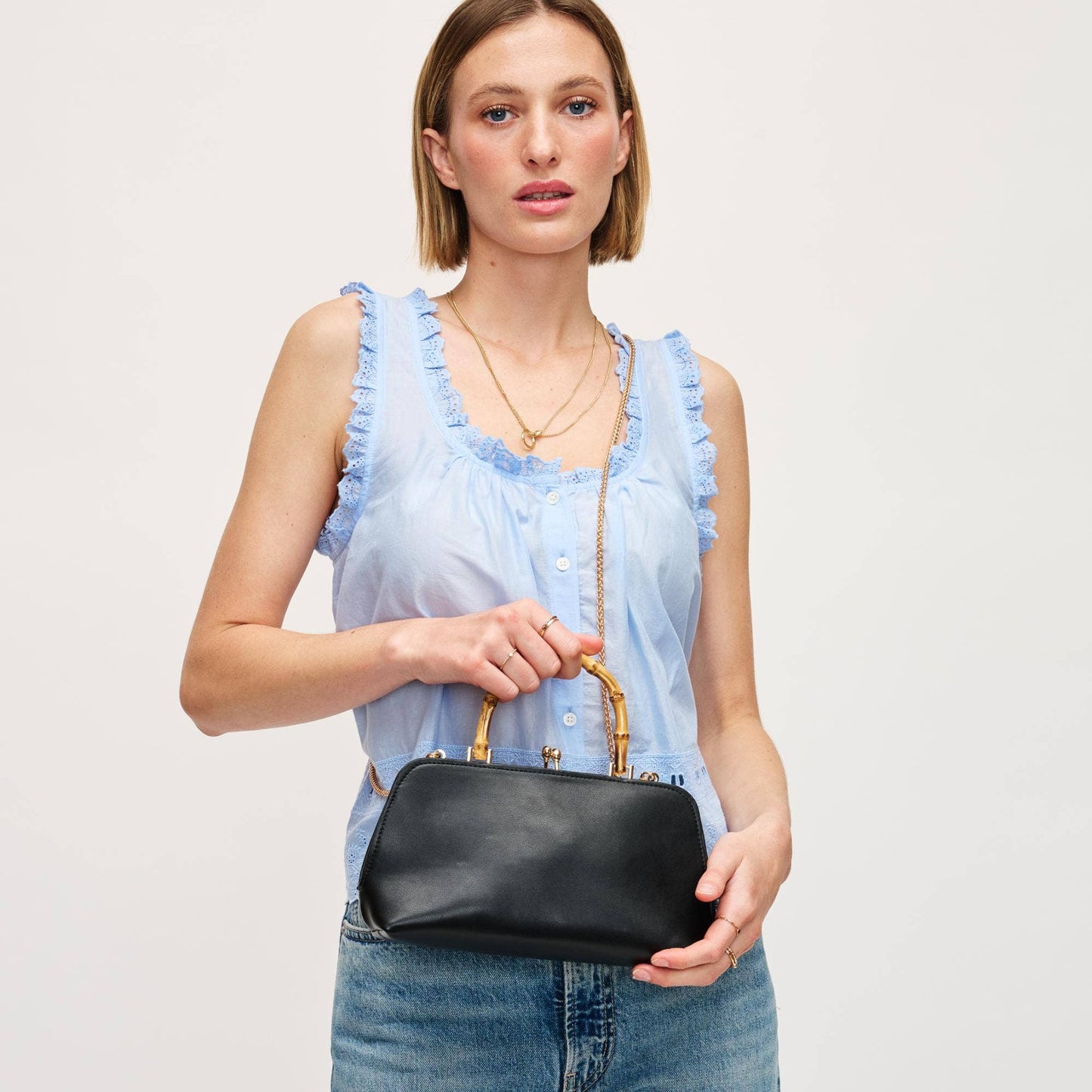 Black Smooth Vegan Leather Handbag with Bamboo Handle