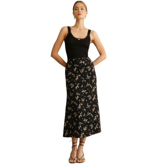 Floral Button Down Midi Skirt in Dusty Black