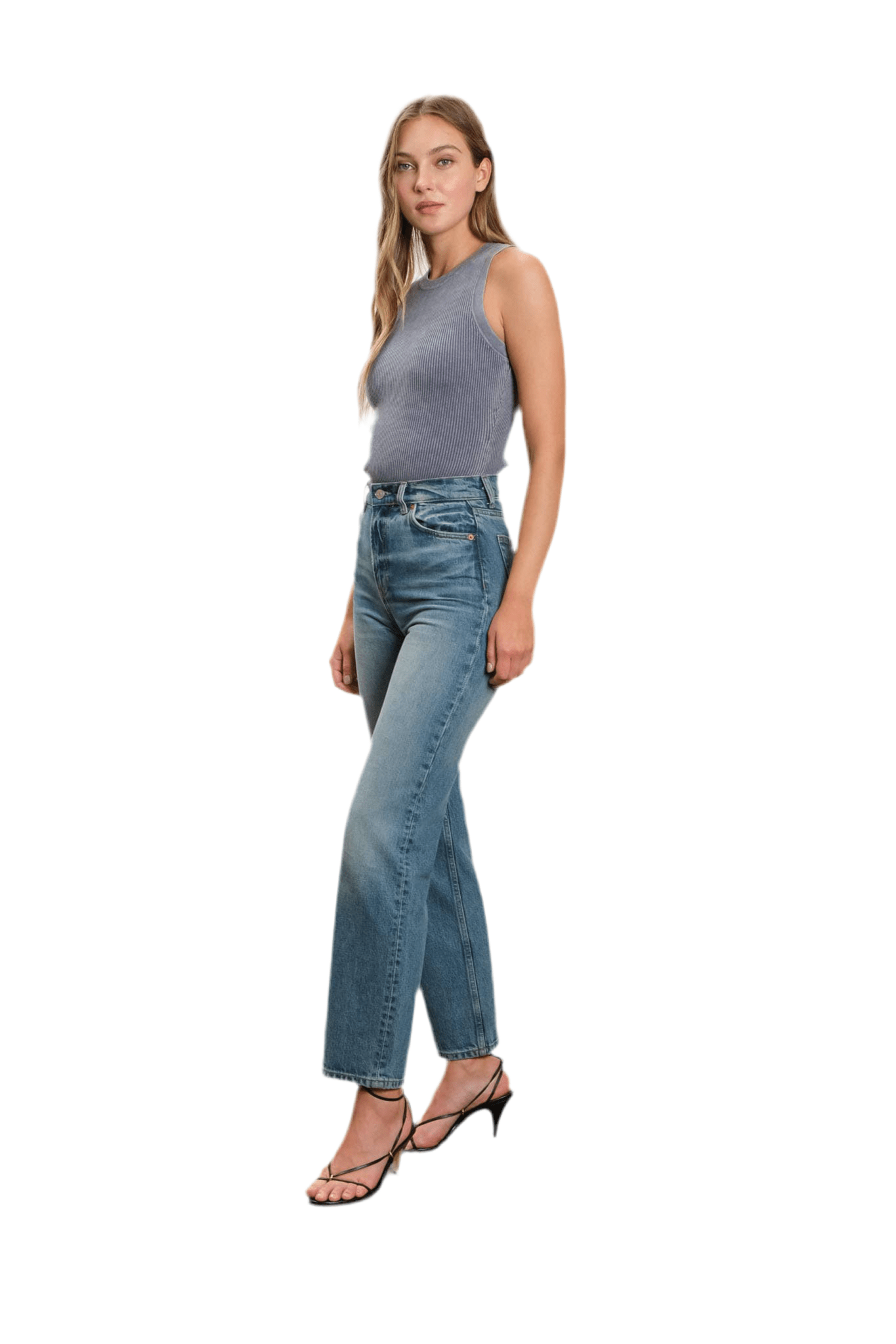WASHED ROUND NECK SWEATER KNIT TANK TOP: DENIM