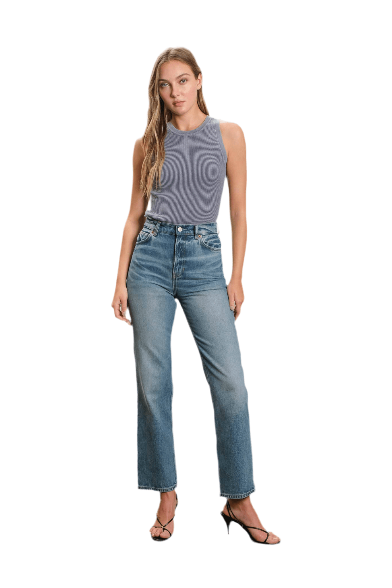 WASHED ROUND NECK SWEATER KNIT TANK TOP: DENIM