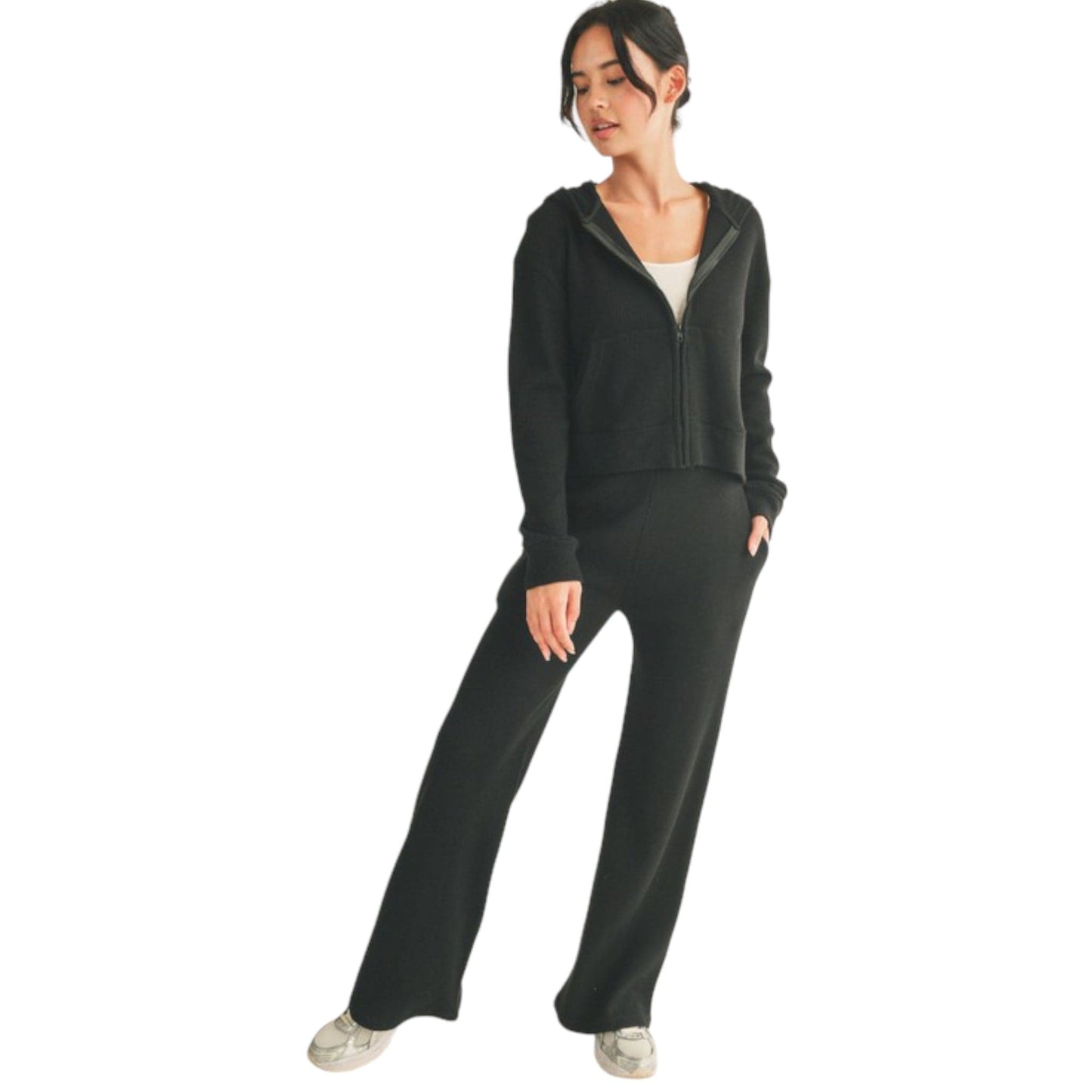 Black Waffle Flare Pants