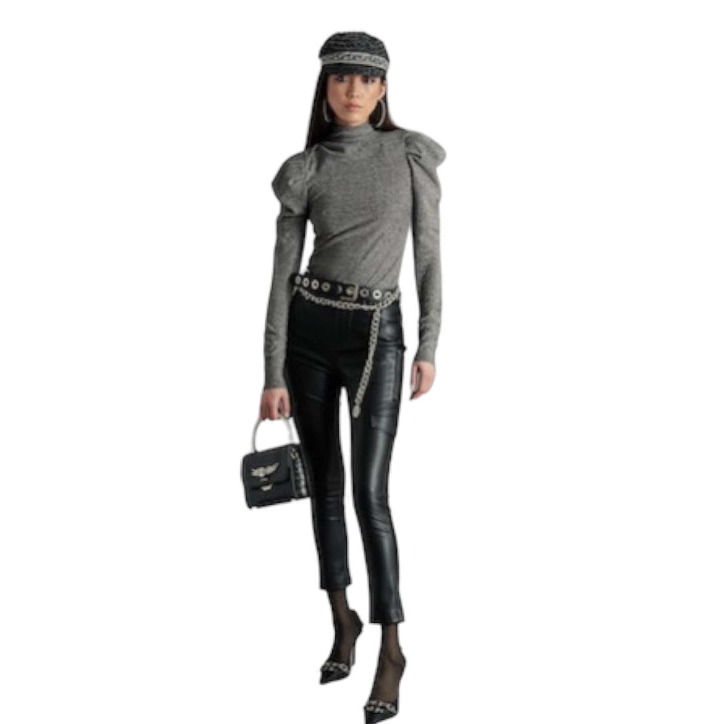 Steve Madden Estella Metallic Knit Turtleneck Puff Shoulder Long Sleeve Top