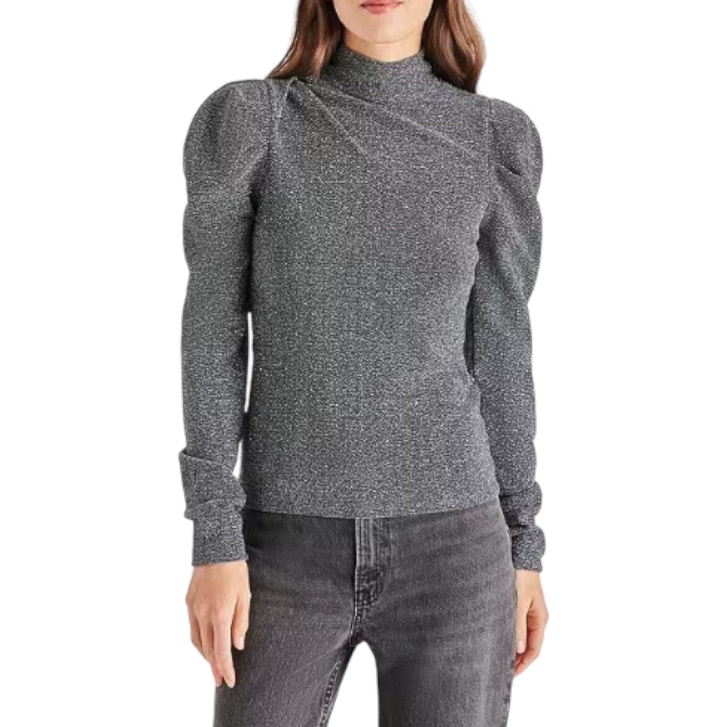 Steve Madden Estella Metallic Knit Turtleneck Puff Shoulder Long Sleeve Top