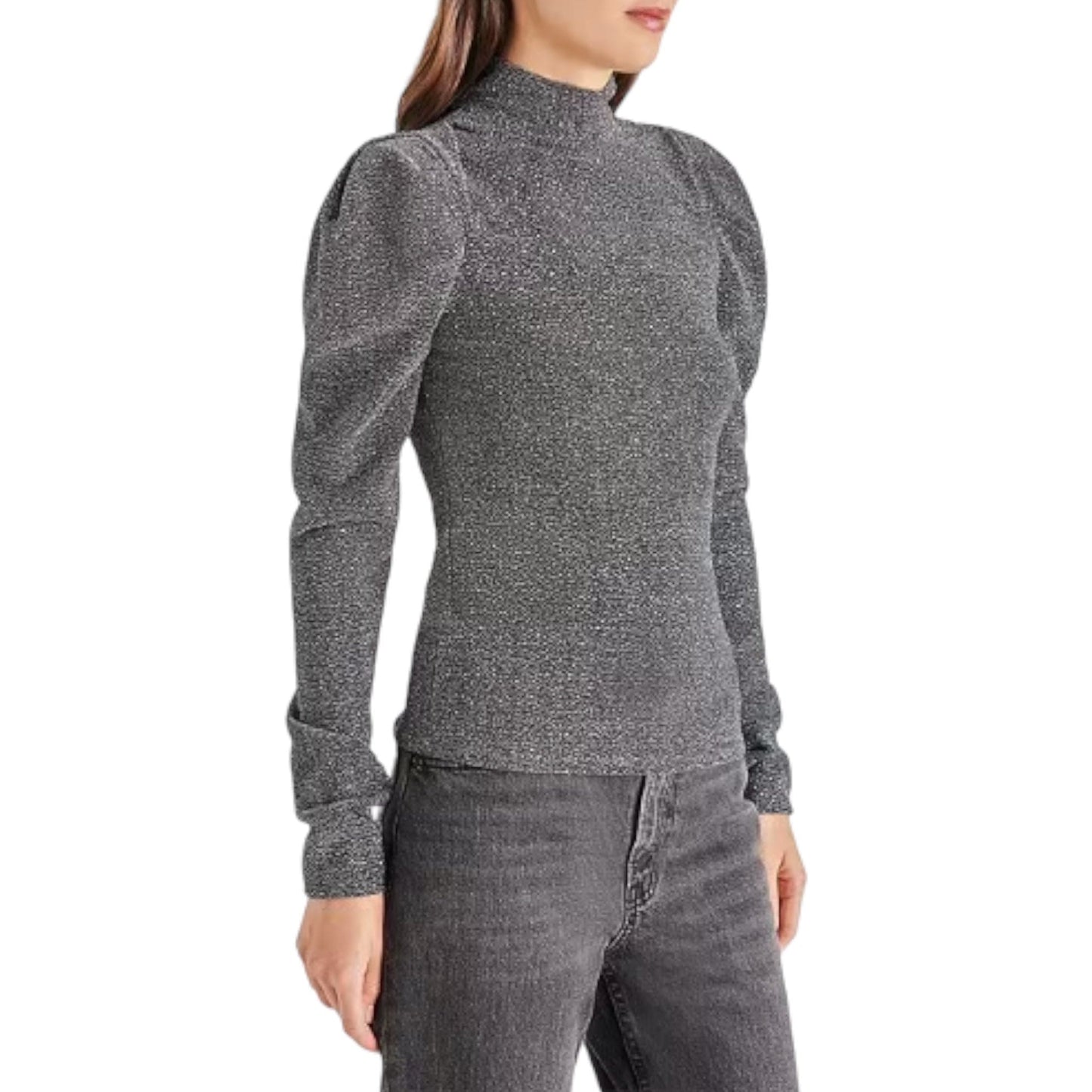 Steve Madden Estella Metallic Knit Turtleneck Puff Shoulder Long Sleeve Top