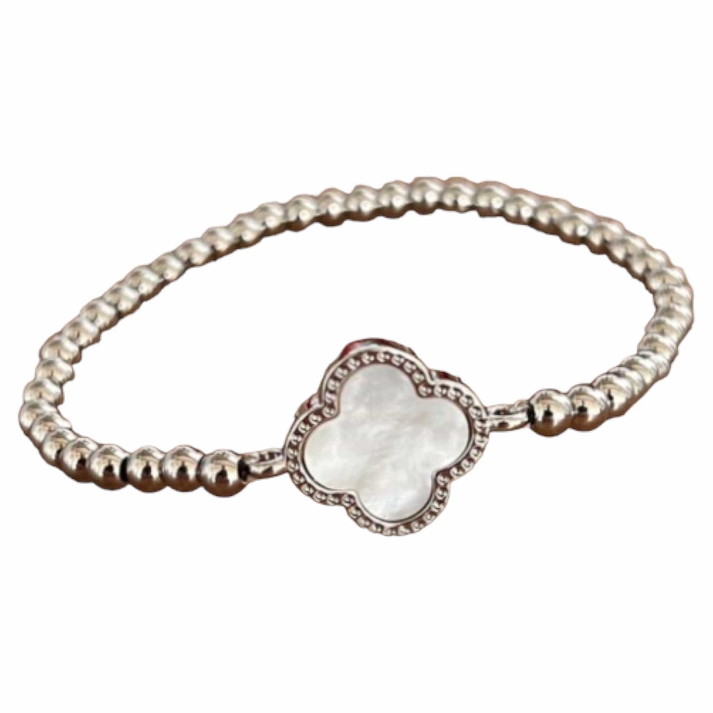 Silver MOP Clover Beaded Stretch Bracelet