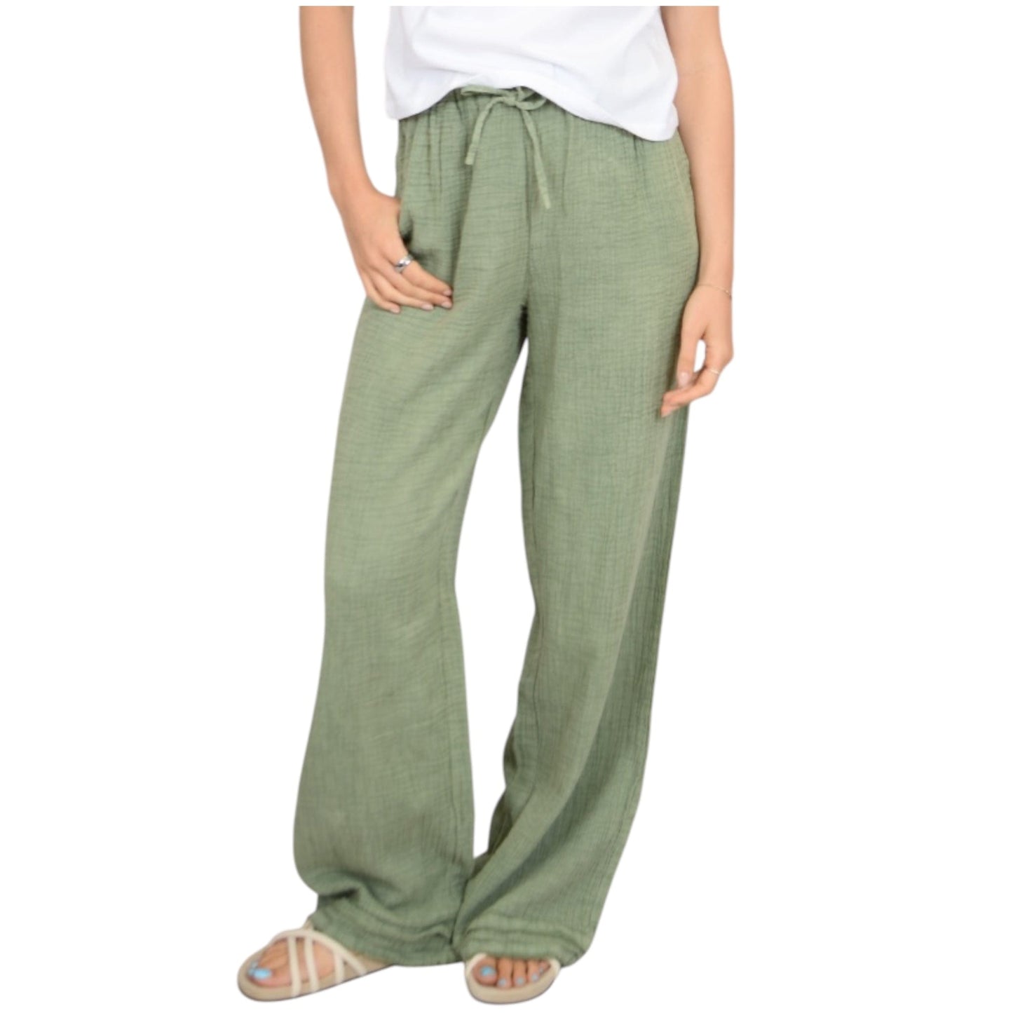 Pull on Drawstring Linen Wide Leg Pants in Moss