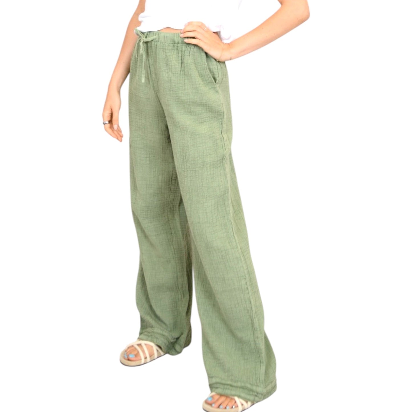 Pull on Drawstring Linen Wide Leg Pants in Moss