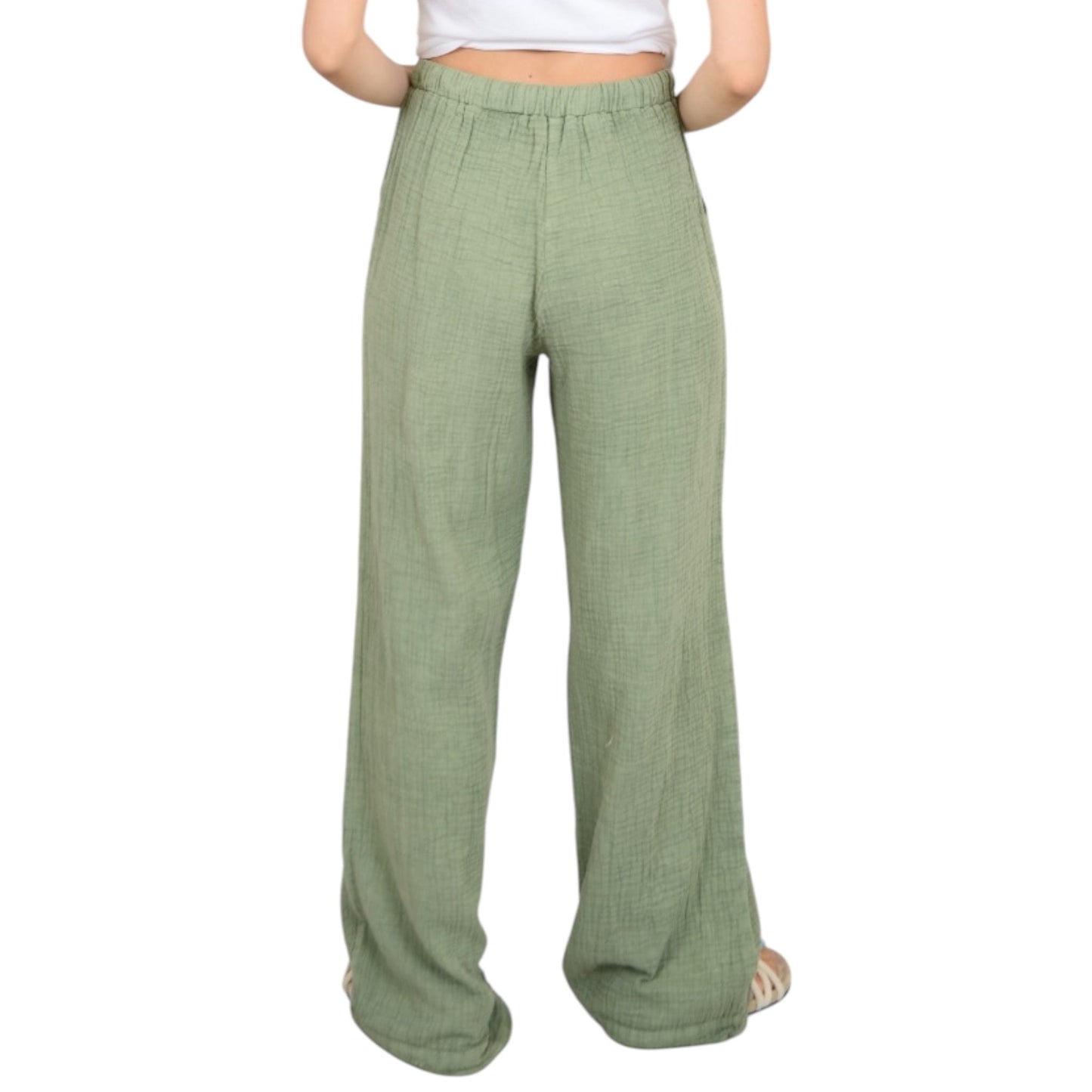 Pull on Drawstring Linen Wide Leg Pants in Moss