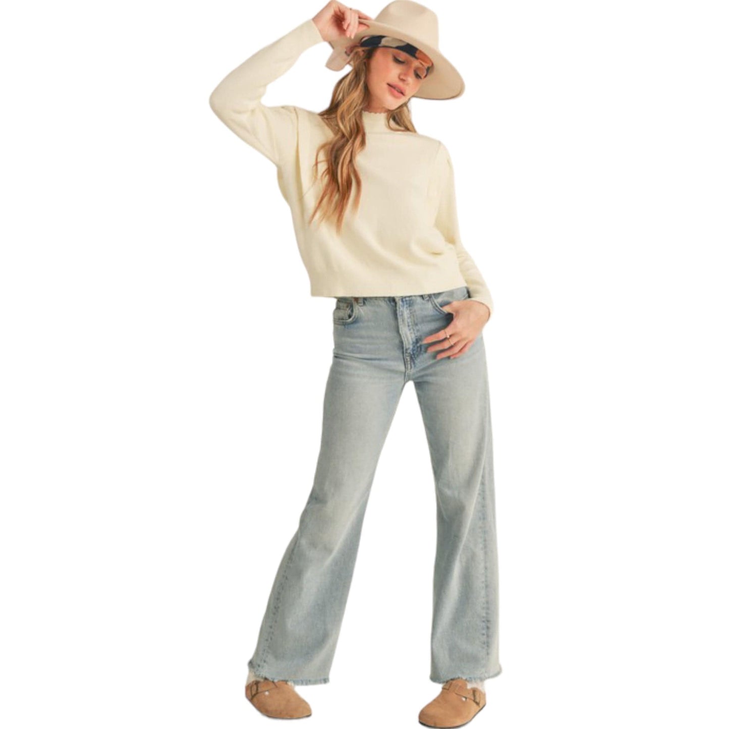 Mock neck shoulder detail sweater in Cream