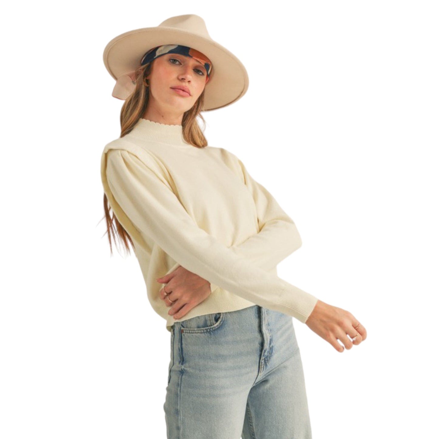 Mock neck shoulder detail sweater in Cream