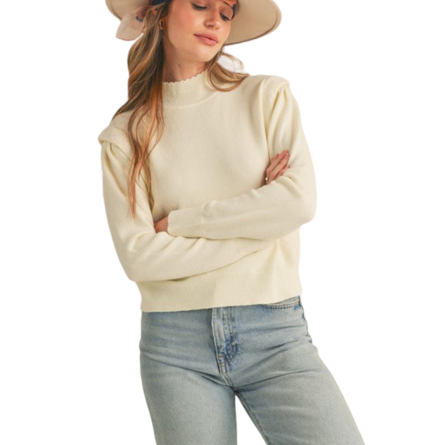 Mock neck shoulder detail sweater in Cream