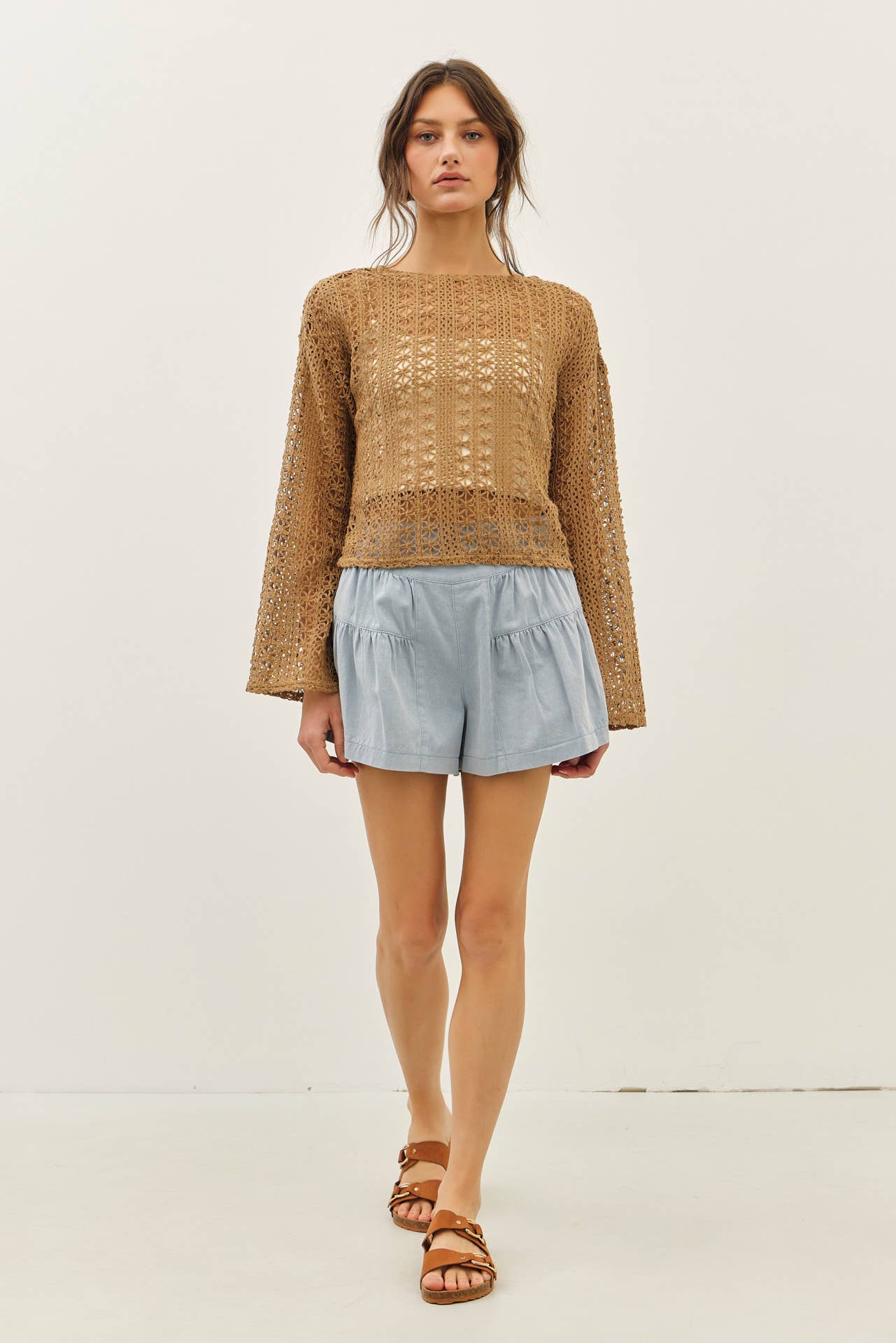 Crochet Floral Top with Bell Sleeves in Cocoa