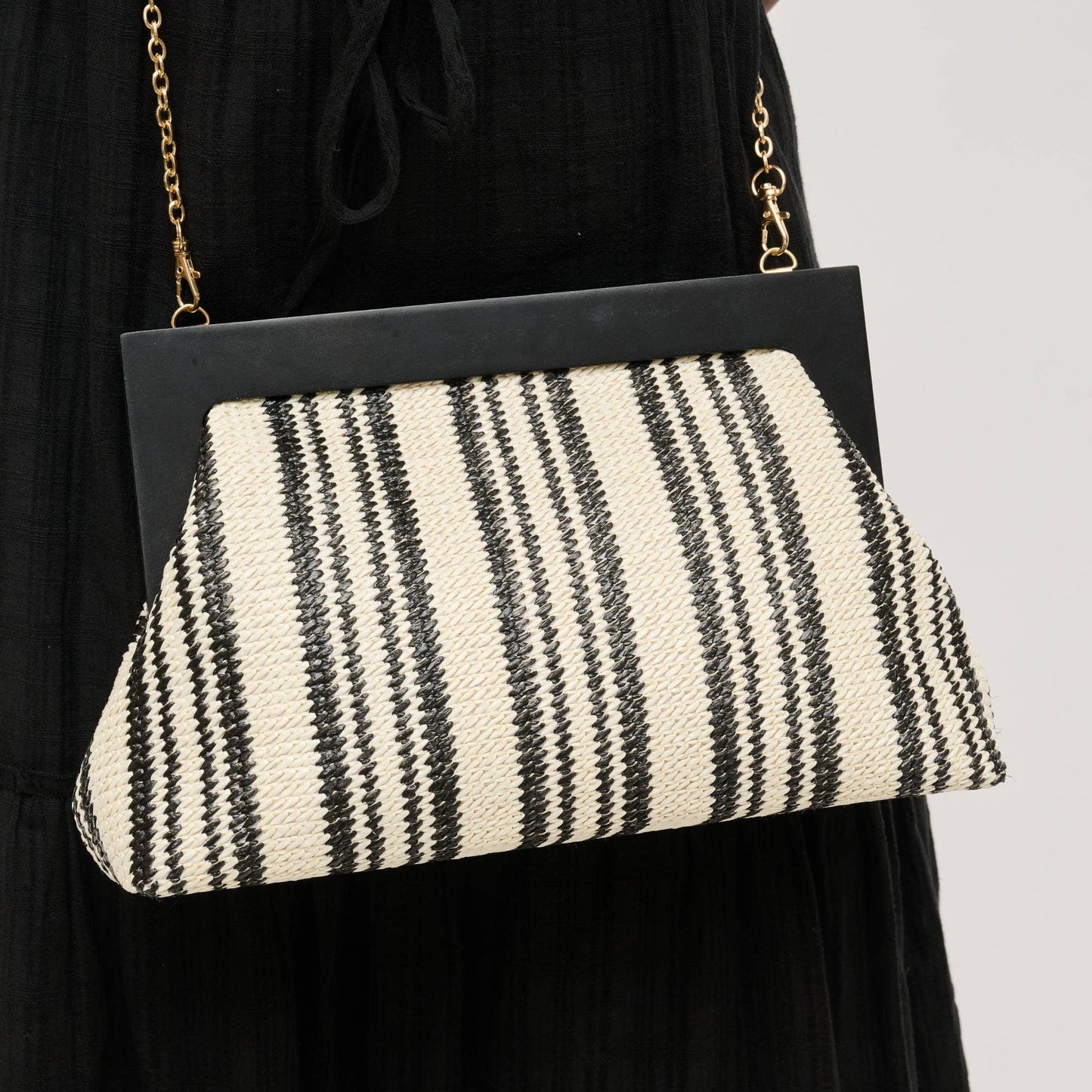 Black and White Stripe Straw Clutch