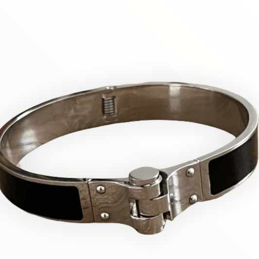Rhodium Plated Stainless Steel and Black Enamel Hinge Bracelet