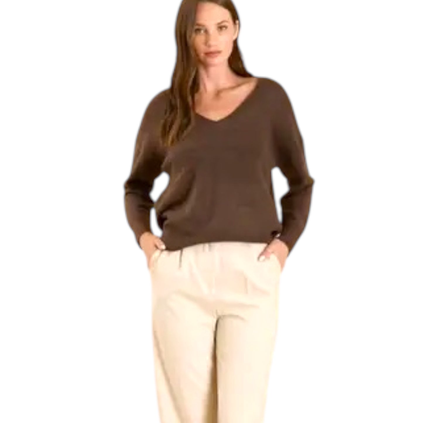 Solid V Neck Drop Shoulder Knit Sweater in Grey and Brown