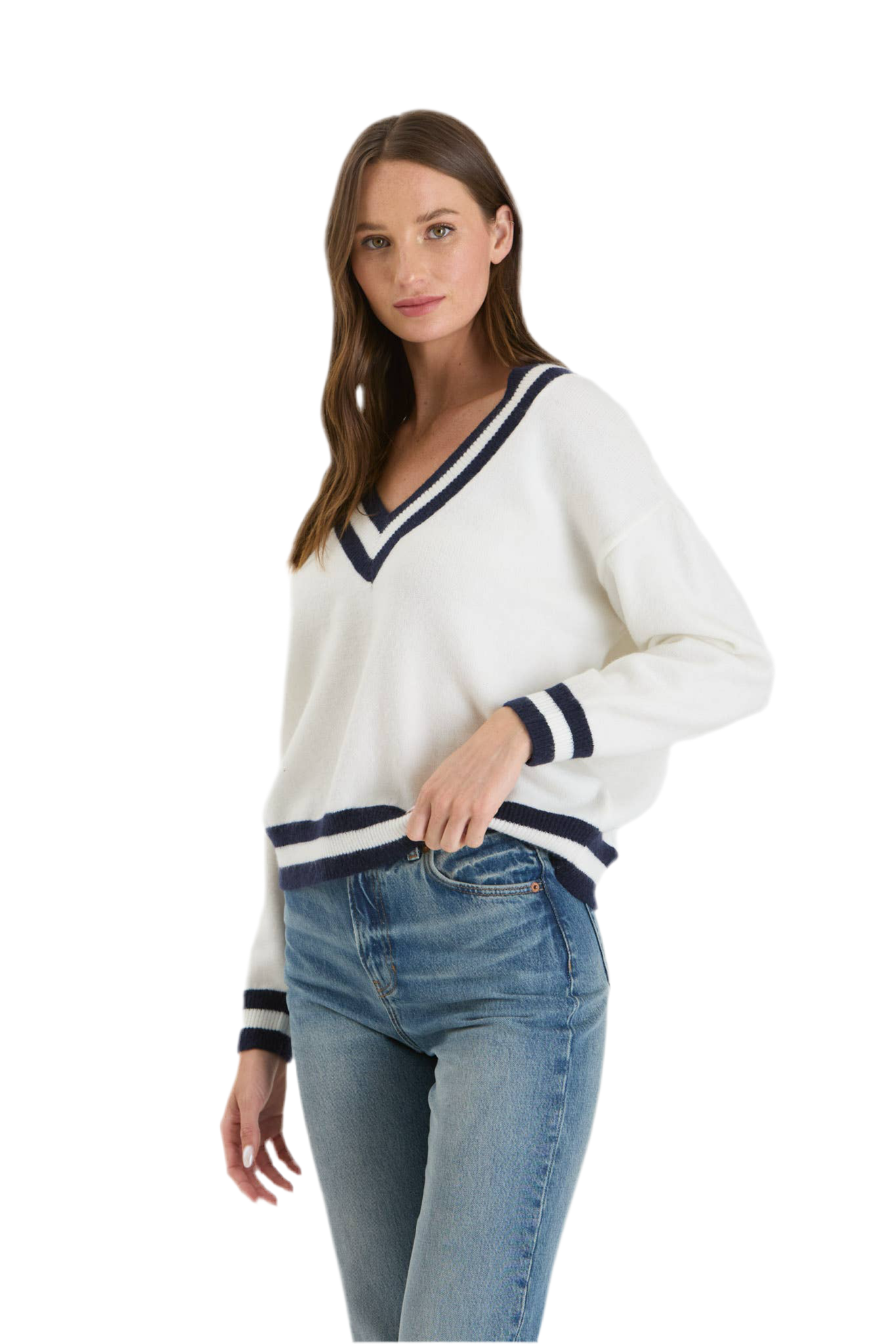 CONTRAST LINE V NECK SWEATER: IVORY