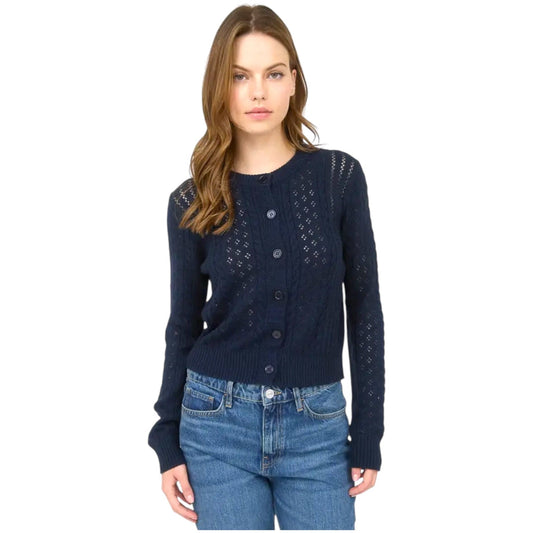 Pointelle Cable Knit Cardigan in Navy