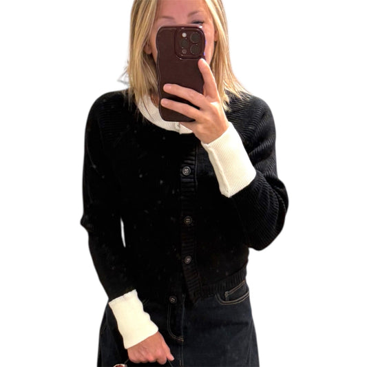 Black and Winter White Crew Neck Cardigan
