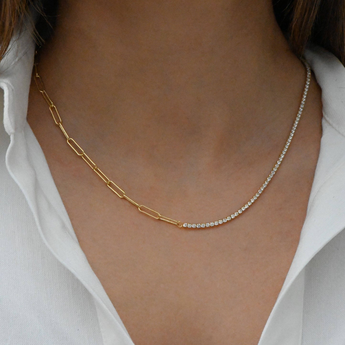 Gold Tennis and Paperclip Necklace