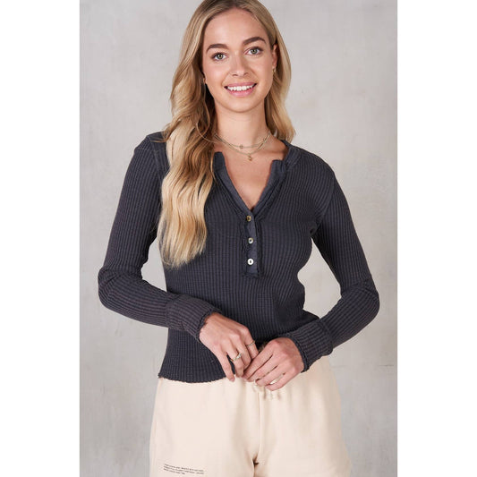 Charcoal Garment Dye Waffle Long Sleeve Top