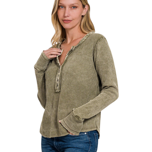 Washed Waffle Henley Long Sleeve top in Olive and Ash Black