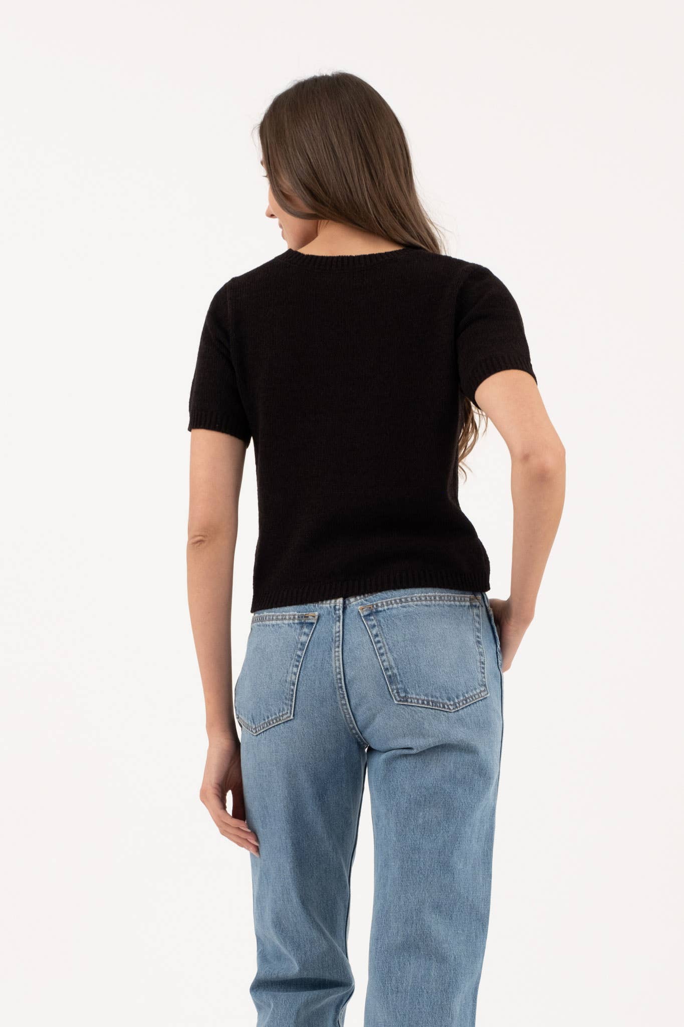 Black Short Sleeve Crewneck Sweater