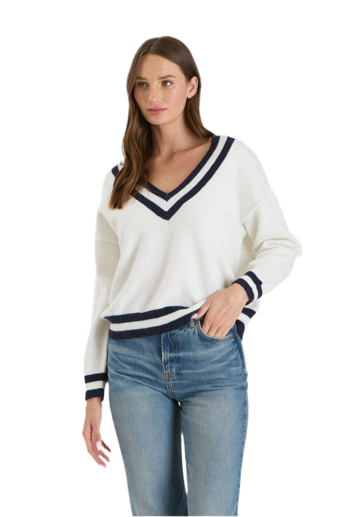 CONTRAST LINE V NECK SWEATER: IVORY