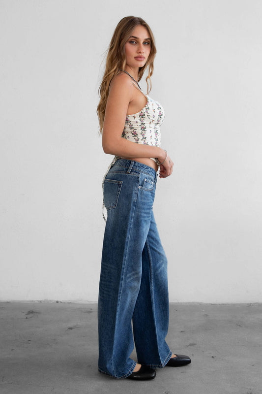 Straight Leg Dark Denim Washed Low Rise Jeans