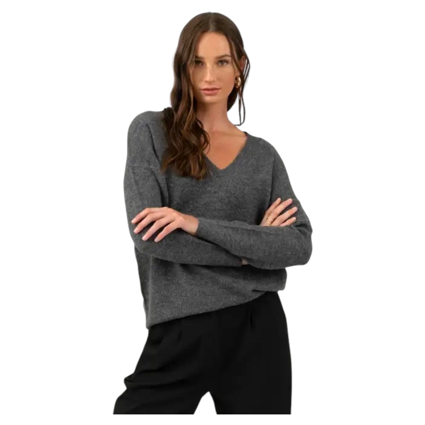 Solid V Neck Drop Shoulder Knit Sweater in Grey and Brown