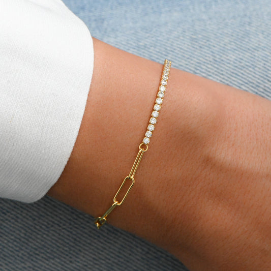 Gold Tennis and Paperclip Bracelet