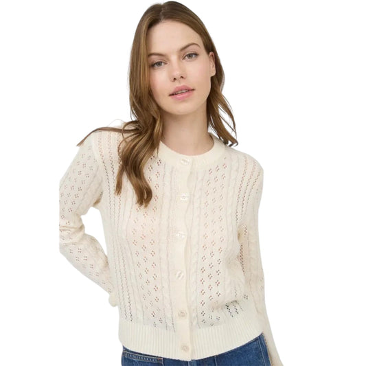 Pointelle Cable Knit Cardigan in Cream