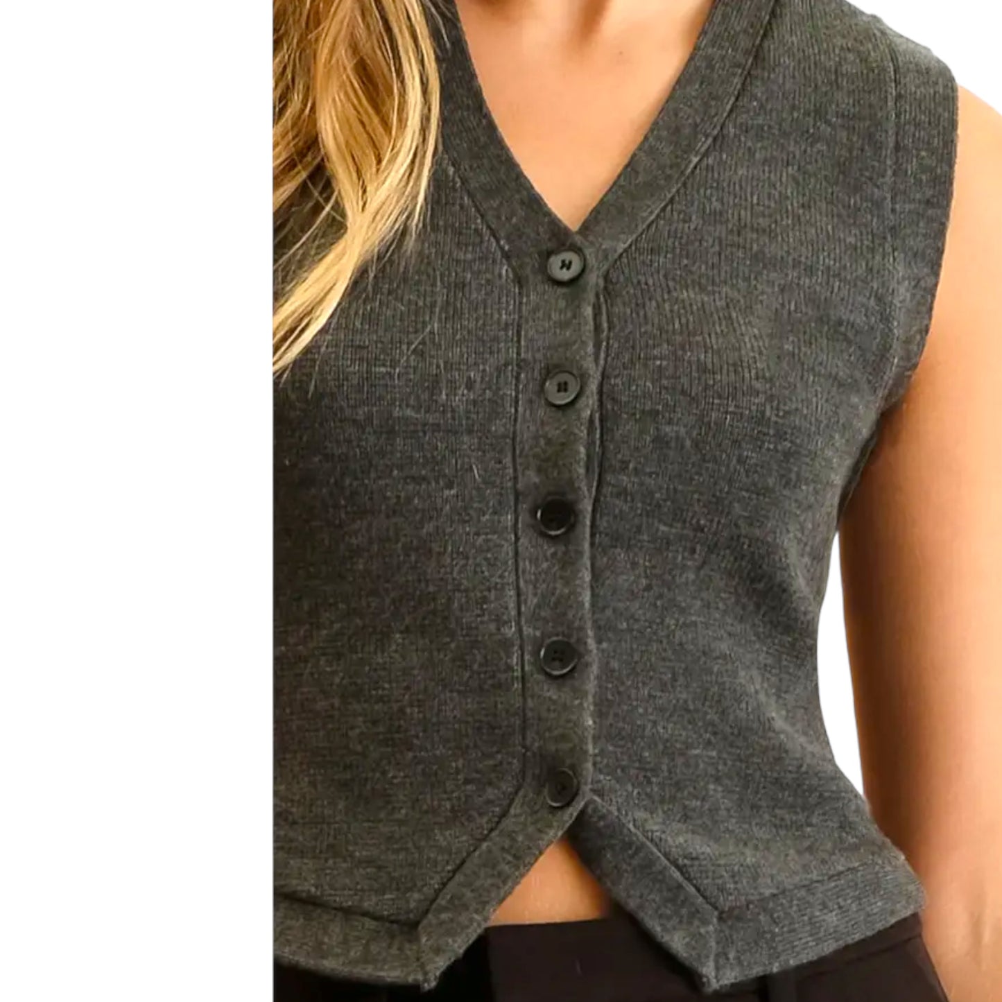 V Neck Button Down Sweater Knit Vest in Charcoal