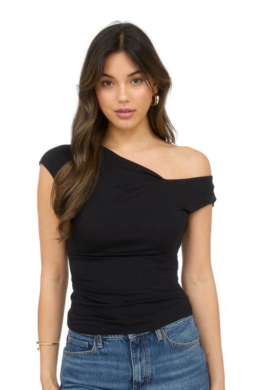 Black Asymmetrical Wrap Neckline Knit Top